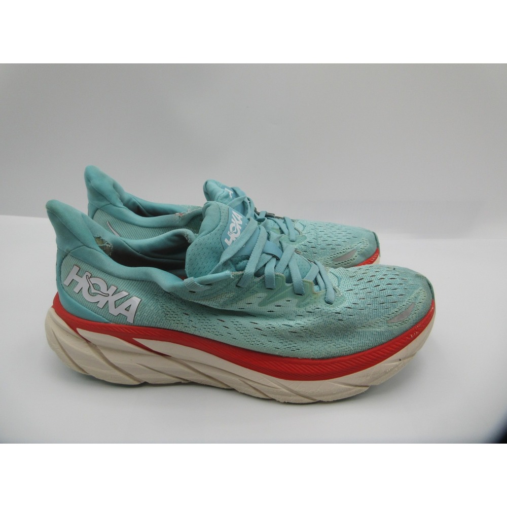 HOKA Clifton 8 Running Shoes Womens Size 10.5 Aqua Red Cushioned 1119394 AEBL‎